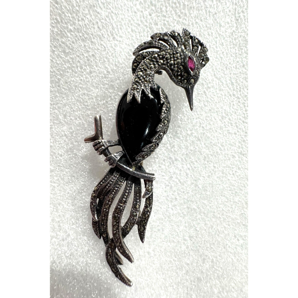 Vtg Bird of Paradise Marcasite Brooch Sterling Silver Onyx Belly Garnet Eye 3"